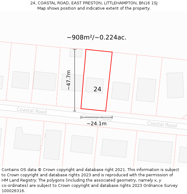 24, COASTAL ROAD, EAST PRESTON, LITTLEHAMPTON, BN16 1SJ: Plot and title map