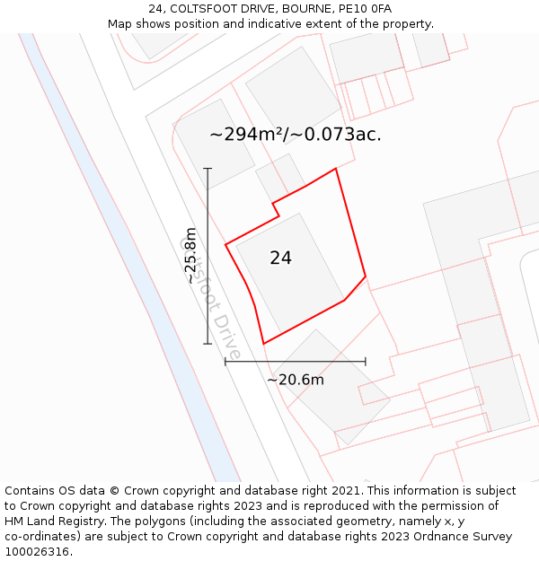 24, COLTSFOOT DRIVE, BOURNE, PE10 0FA: Plot and title map