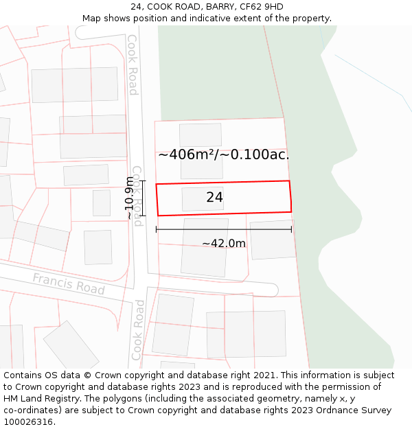 24, COOK ROAD, BARRY, CF62 9HD: Plot and title map