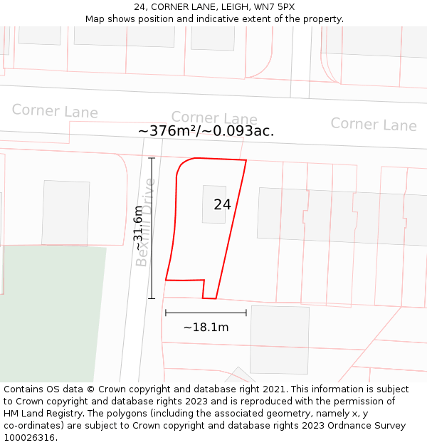 24, CORNER LANE, LEIGH, WN7 5PX: Plot and title map