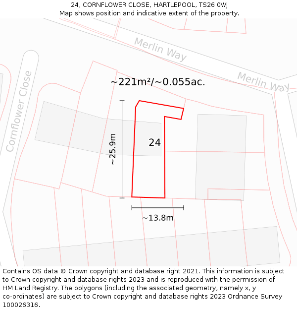 24, CORNFLOWER CLOSE, HARTLEPOOL, TS26 0WJ: Plot and title map