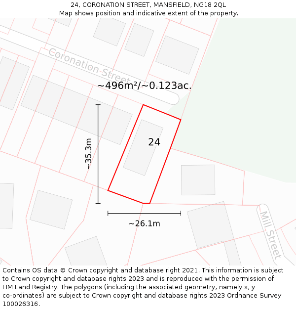 24, CORONATION STREET, MANSFIELD, NG18 2QL: Plot and title map