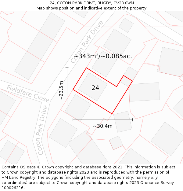 24, COTON PARK DRIVE, RUGBY, CV23 0WN: Plot and title map