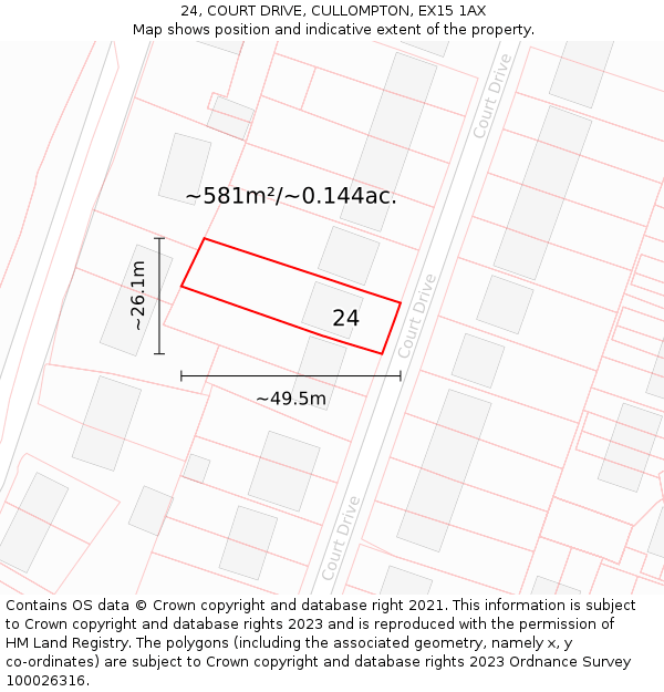 24, COURT DRIVE, CULLOMPTON, EX15 1AX: Plot and title map