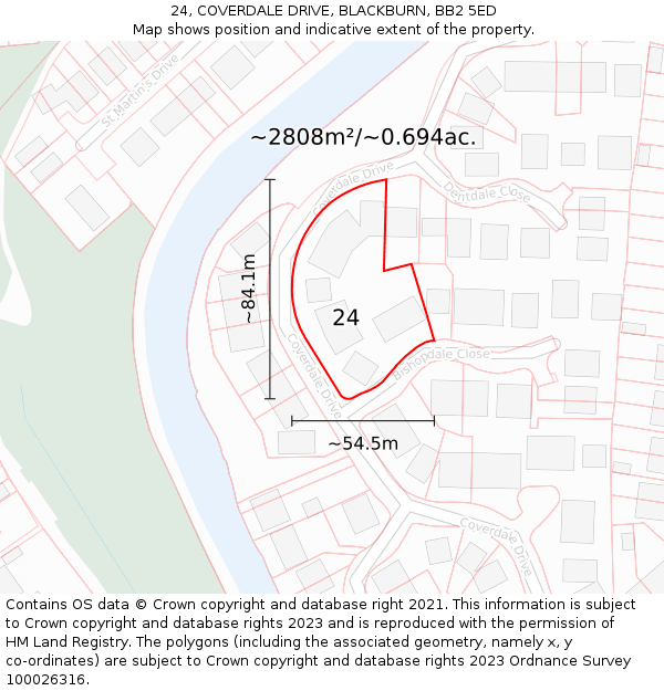 24, COVERDALE DRIVE, BLACKBURN, BB2 5ED: Plot and title map