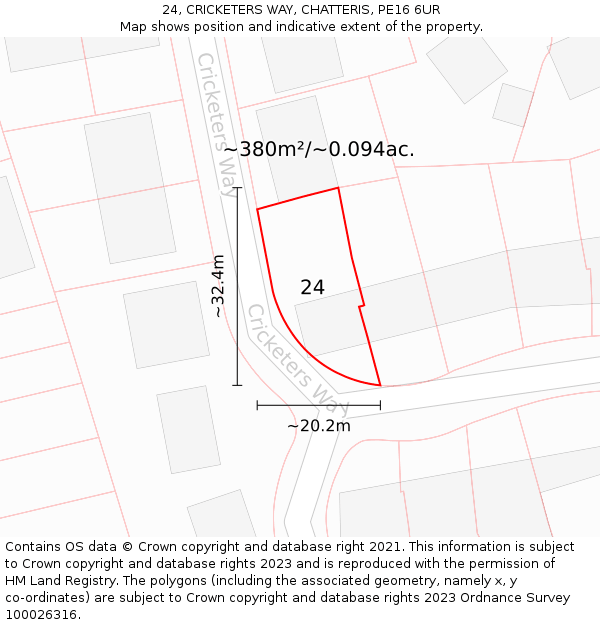 24, CRICKETERS WAY, CHATTERIS, PE16 6UR: Plot and title map
