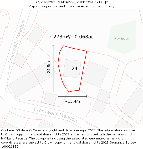 24, CROMWELLS MEADOW, CREDITON, EX17 1JZ: Plot and title map