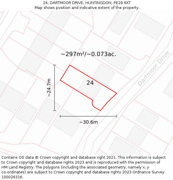 24, DARTMOOR DRIVE, HUNTINGDON, PE29 6XT: Plot and title map