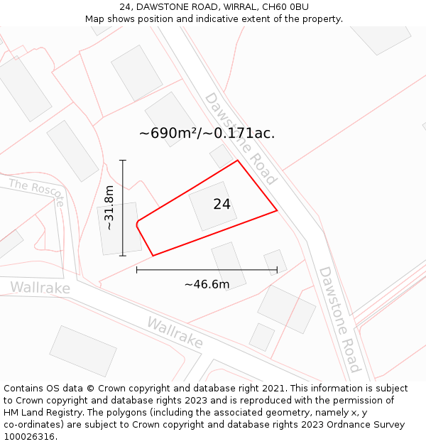 24, DAWSTONE ROAD, WIRRAL, CH60 0BU: Plot and title map