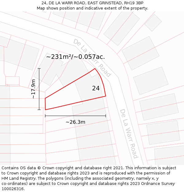 24, DE LA WARR ROAD, EAST GRINSTEAD, RH19 3BP: Plot and title map