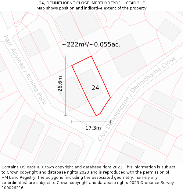 24, DENNITHORNE CLOSE, MERTHYR TYDFIL, CF48 3HE: Plot and title map