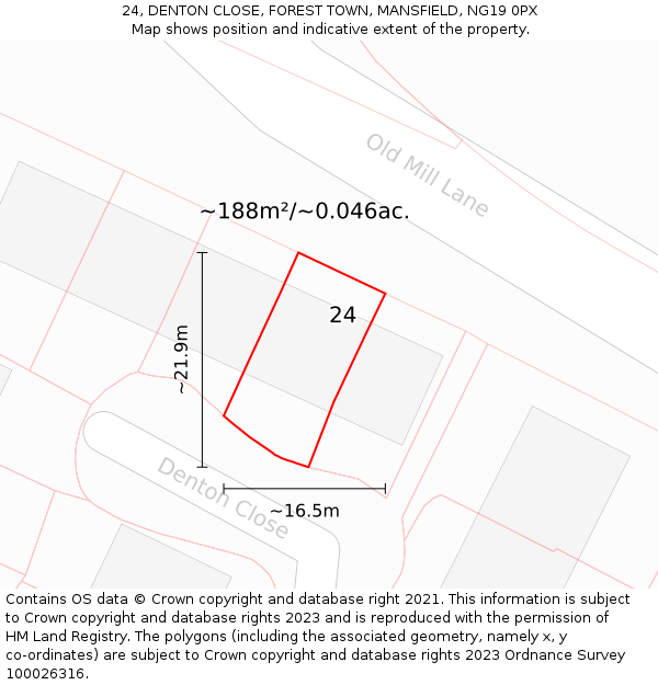 24, DENTON CLOSE, FOREST TOWN, MANSFIELD, NG19 0PX: Plot and title map