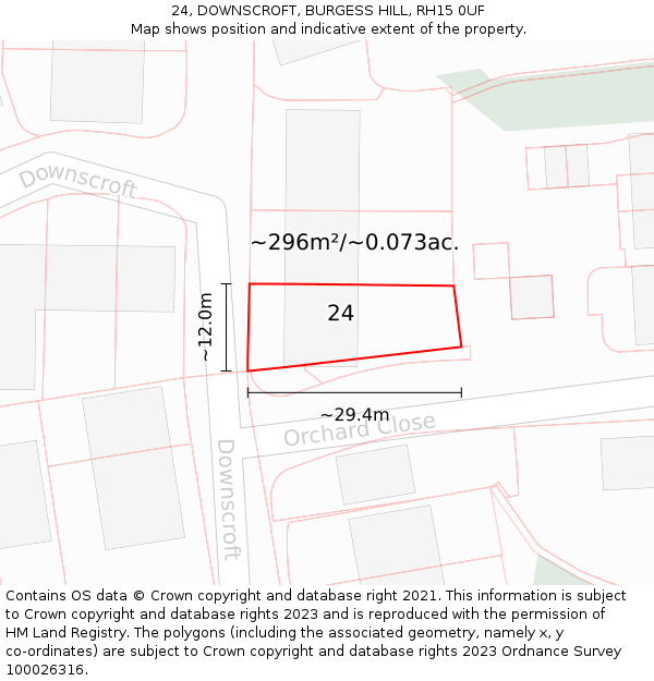 24, DOWNSCROFT, BURGESS HILL, RH15 0UF: Plot and title map