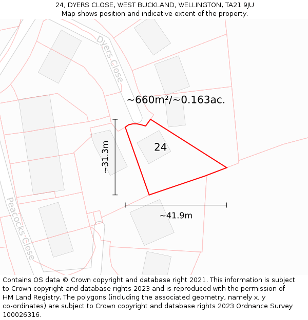 24, DYERS CLOSE, WEST BUCKLAND, WELLINGTON, TA21 9JU: Plot and title map