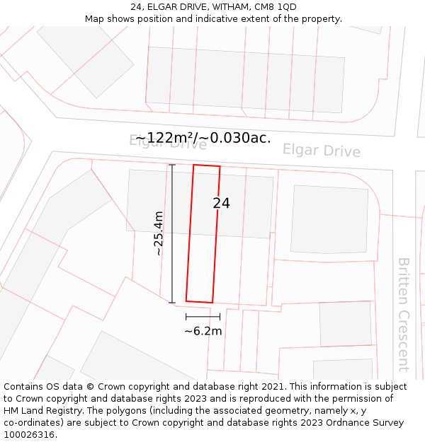 24, ELGAR DRIVE, WITHAM, CM8 1QD: Plot and title map