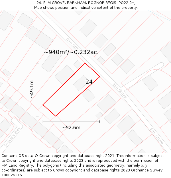 24, ELM GROVE, BARNHAM, BOGNOR REGIS, PO22 0HJ: Plot and title map