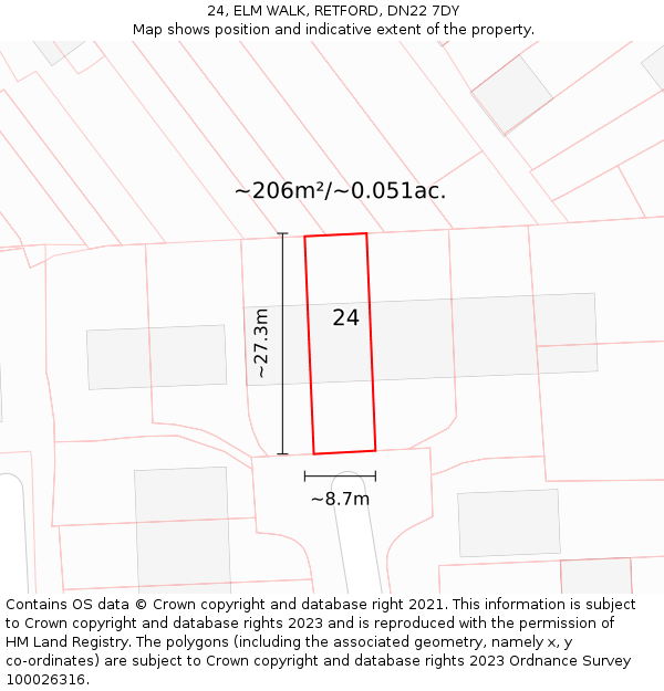 24, ELM WALK, RETFORD, DN22 7DY: Plot and title map