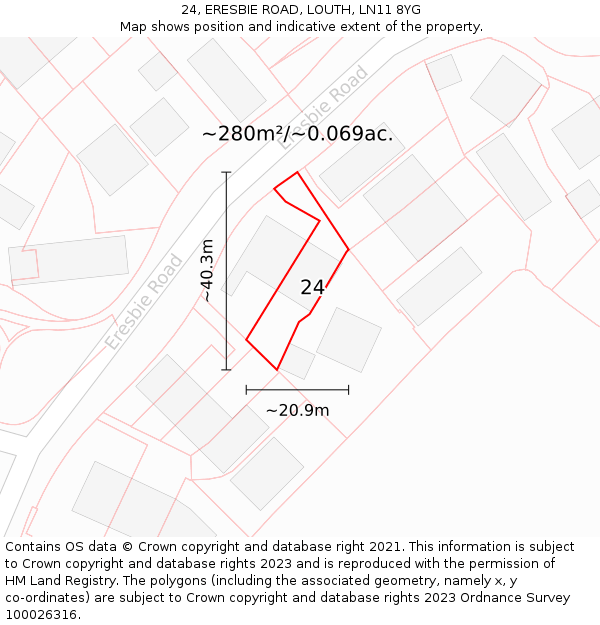 24, ERESBIE ROAD, LOUTH, LN11 8YG: Plot and title map