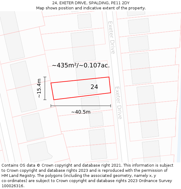 24, EXETER DRIVE, SPALDING, PE11 2DY: Plot and title map