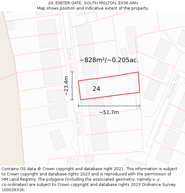 24, EXETER GATE, SOUTH MOLTON, EX36 4AN: Plot and title map