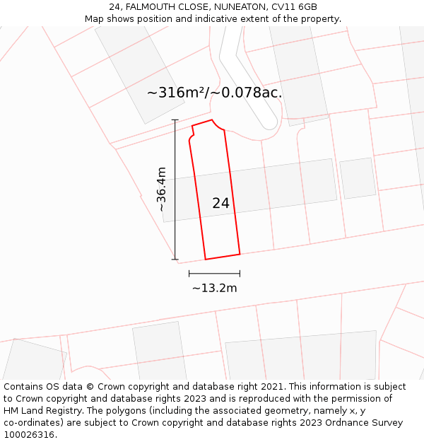 24, FALMOUTH CLOSE, NUNEATON, CV11 6GB: Plot and title map