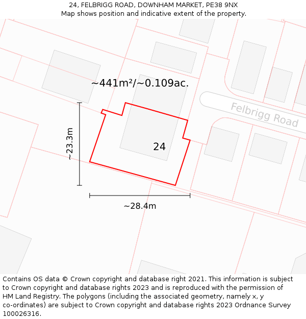 24, FELBRIGG ROAD, DOWNHAM MARKET, PE38 9NX: Plot and title map