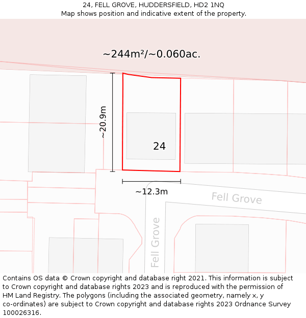 24, FELL GROVE, HUDDERSFIELD, HD2 1NQ: Plot and title map