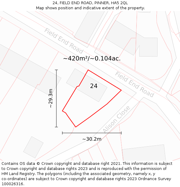 24, FIELD END ROAD, PINNER, HA5 2QL: Plot and title map