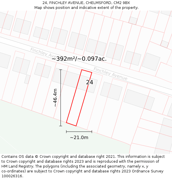 24, FINCHLEY AVENUE, CHELMSFORD, CM2 9BX: Plot and title map