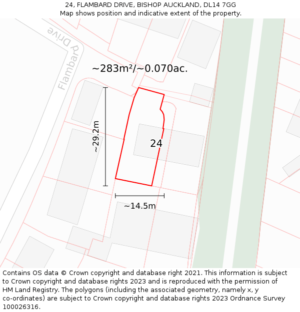 24, FLAMBARD DRIVE, BISHOP AUCKLAND, DL14 7GG: Plot and title map