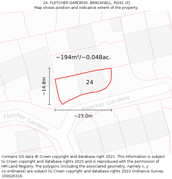 24, FLETCHER GARDENS, BRACKNELL, RG42 1FJ: Plot and title map