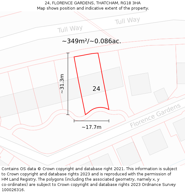 24, FLORENCE GARDENS, THATCHAM, RG18 3HA: Plot and title map