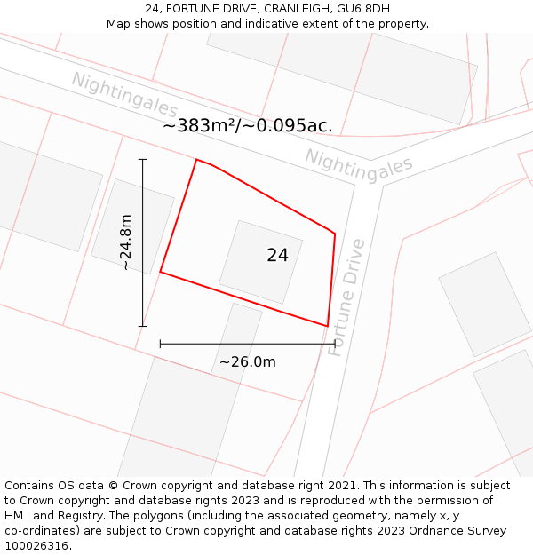 24, FORTUNE DRIVE, CRANLEIGH, GU6 8DH: Plot and title map