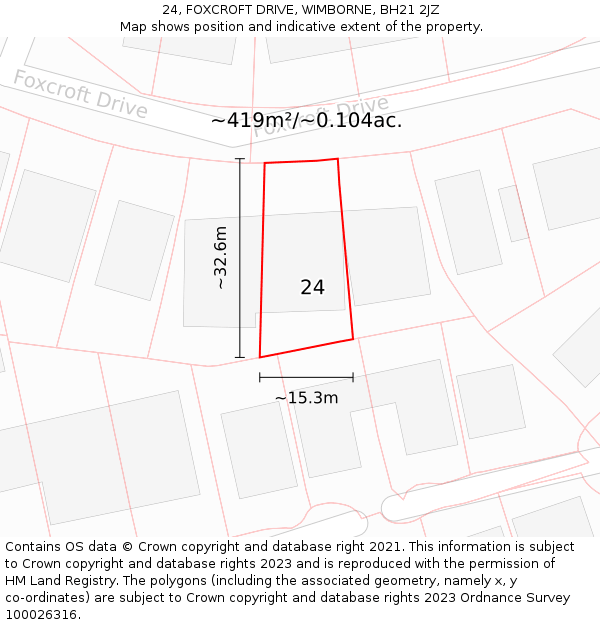 24, FOXCROFT DRIVE, WIMBORNE, BH21 2JZ: Plot and title map