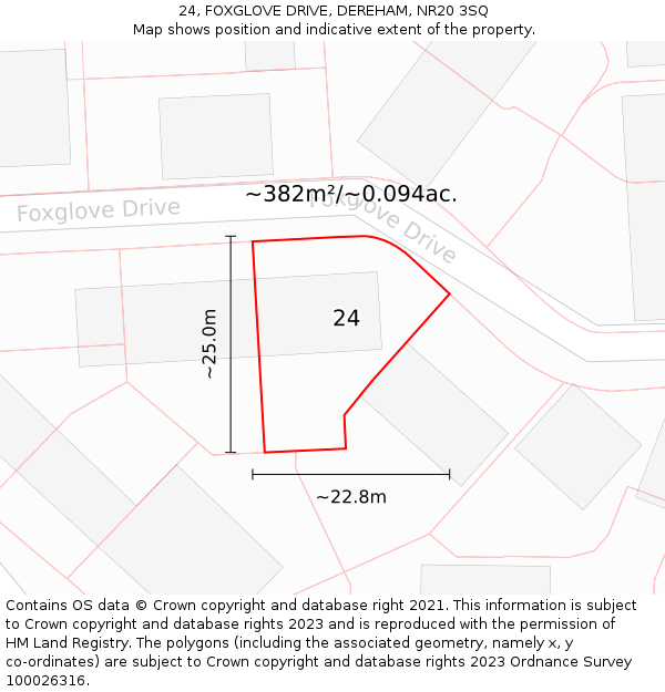 24, FOXGLOVE DRIVE, DEREHAM, NR20 3SQ: Plot and title map