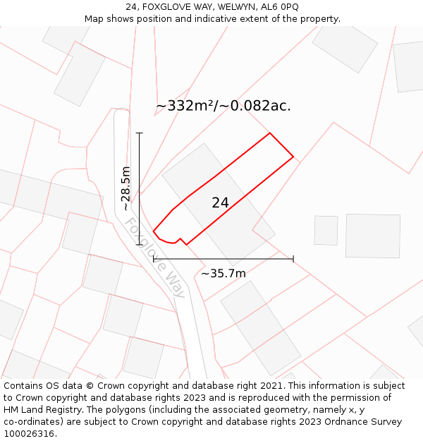 24, FOXGLOVE WAY, WELWYN, AL6 0PQ: Plot and title map