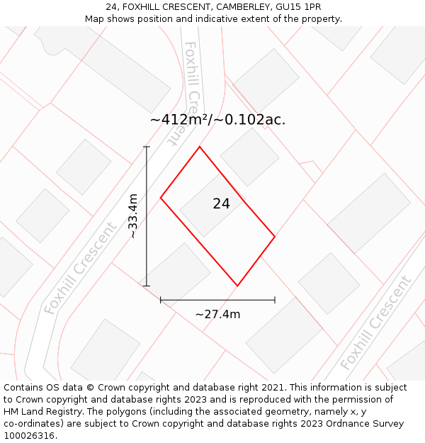 24, FOXHILL CRESCENT, CAMBERLEY, GU15 1PR: Plot and title map