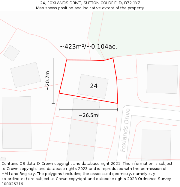 24, FOXLANDS DRIVE, SUTTON COLDFIELD, B72 1YZ: Plot and title map