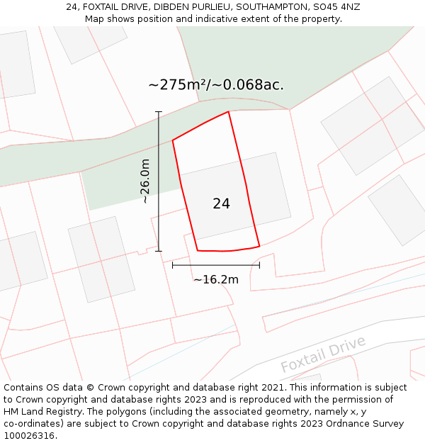 24, FOXTAIL DRIVE, DIBDEN PURLIEU, SOUTHAMPTON, SO45 4NZ: Plot and title map