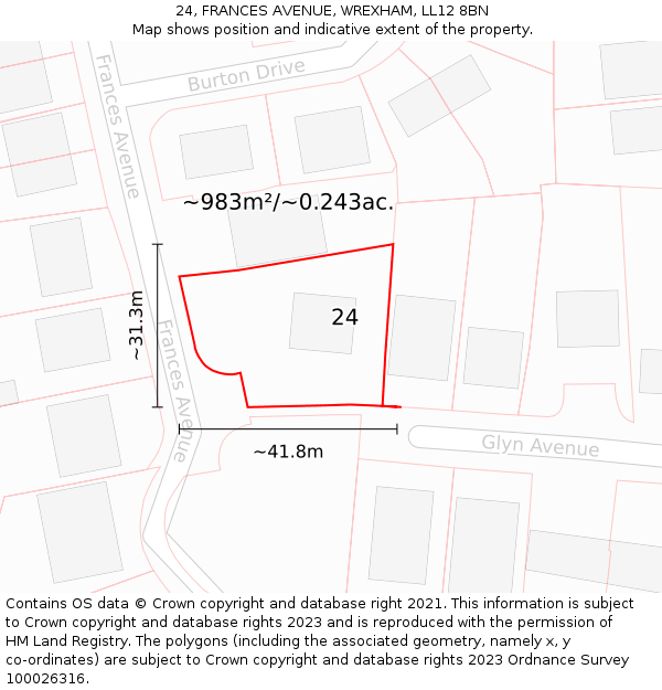 24, FRANCES AVENUE, WREXHAM, LL12 8BN: Plot and title map