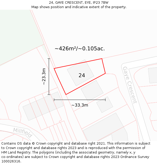 24, GAYE CRESCENT, EYE, IP23 7BW: Plot and title map