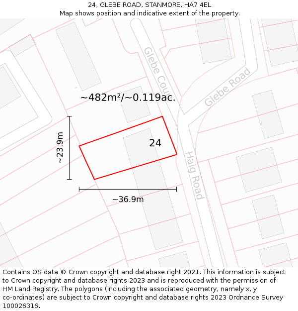 24, GLEBE ROAD, STANMORE, HA7 4EL: Plot and title map