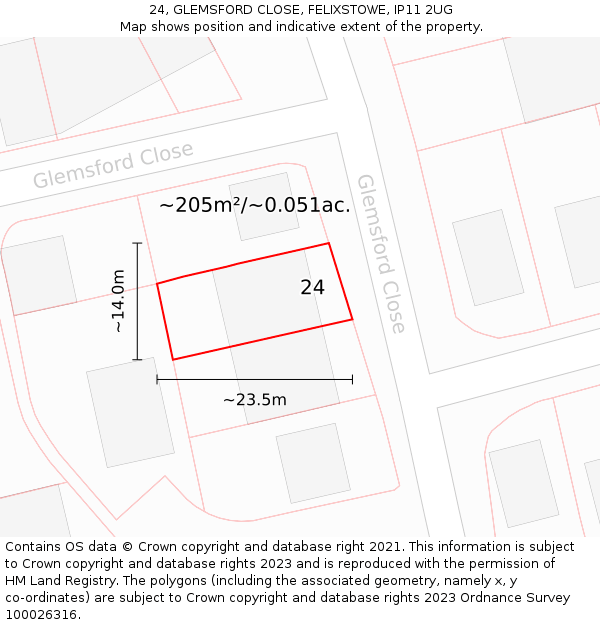 24, GLEMSFORD CLOSE, FELIXSTOWE, IP11 2UG: Plot and title map