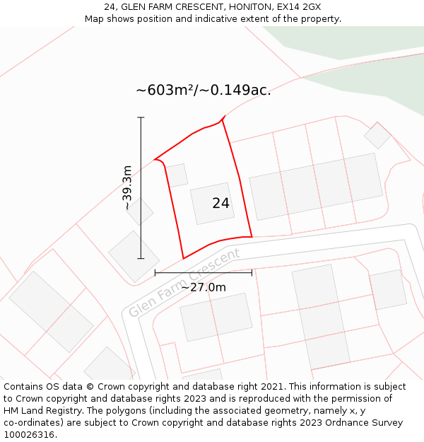 24, GLEN FARM CRESCENT, HONITON, EX14 2GX: Plot and title map