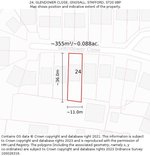 24, GLENDOWER CLOSE, GNOSALL, STAFFORD, ST20 0BP: Plot and title map