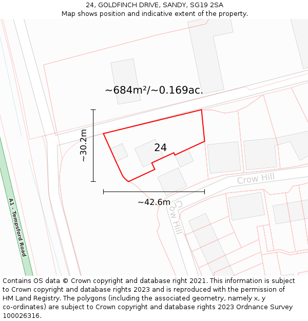 24, GOLDFINCH DRIVE, SANDY, SG19 2SA: Plot and title map