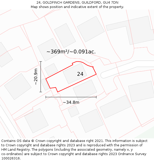 24, GOLDFINCH GARDENS, GUILDFORD, GU4 7DN: Plot and title map