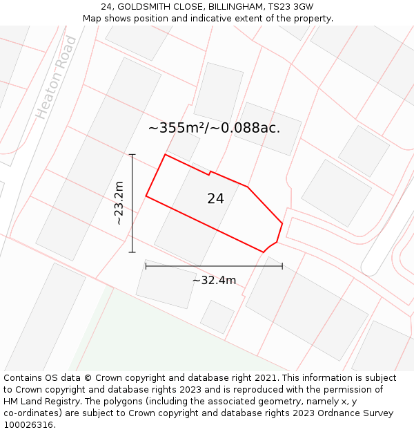 24, GOLDSMITH CLOSE, BILLINGHAM, TS23 3GW: Plot and title map