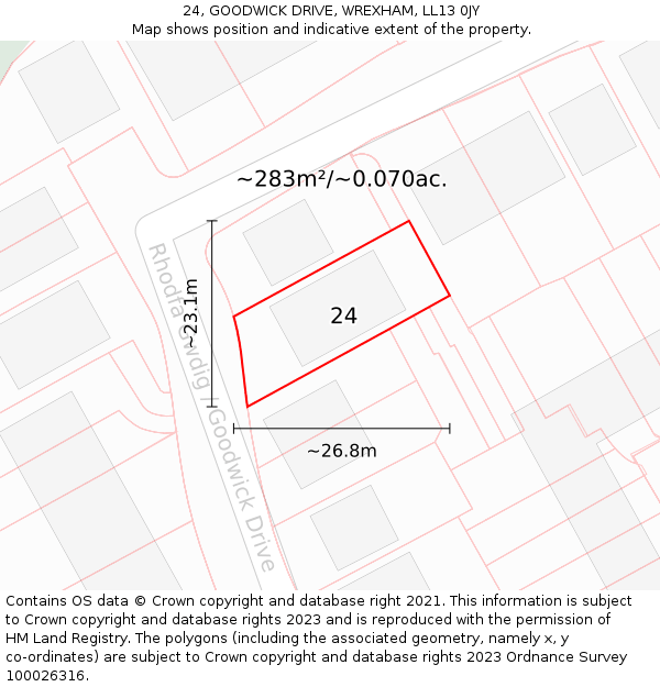 24, GOODWICK DRIVE, WREXHAM, LL13 0JY: Plot and title map