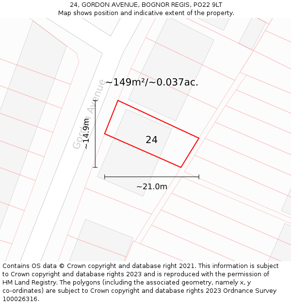 24, GORDON AVENUE, BOGNOR REGIS, PO22 9LT: Plot and title map